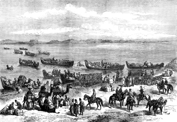 The Russian Expedition to Khiva: General Kaufmann's division crossing the Oxus, 1873. Creator: Unknown.