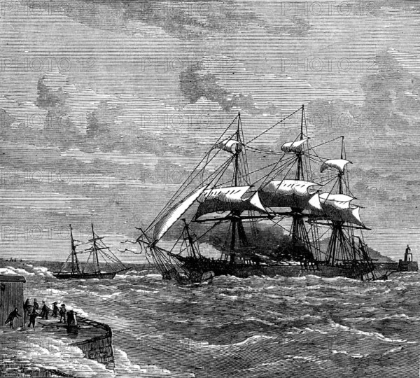 A ship on fire in Kingstown Harbour, 1873. Creator: Unknown.