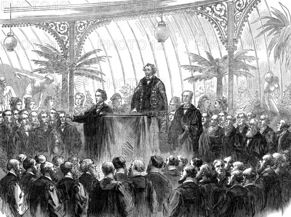 Mr. Disraeli delivering his installation address as Lord Rector of Glasgow University, 1873. Creator: Unknown.