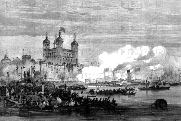 The Shah on the Thames: embarking at the Tower for the West India Dock and Greenwich, 1873. Creator: Unknown.