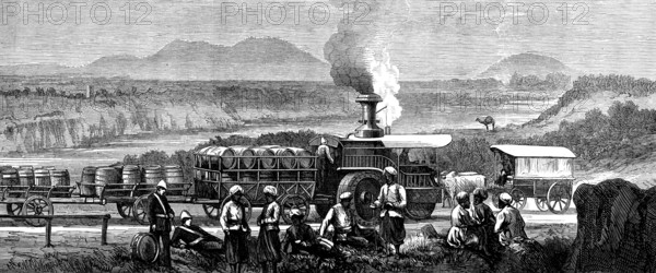 Indian Frontier Sketches: traction-engine on the Grand Trunk Road, near Lawrencepore, 1873. Creator: Unknown.