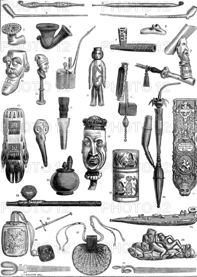 Ancient and curious tobacco-pipes, from the International Exhibition, 1873. Creator: Unknown.