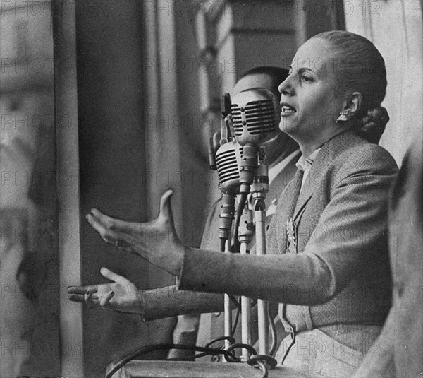 Eva Peron, former Argentinian First Lady and political leader, giving a public speech at the Government House's balcony
