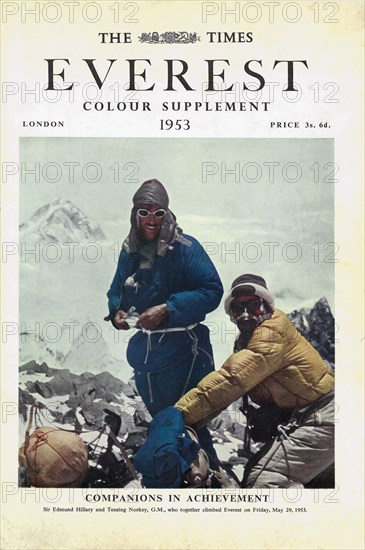 Cover of an original Times Everest colour supplement published in 1953 of Sir Edmund Hillary and Sherpa Tenzing Norgay on the summit of Mount Everest during the  Everest Expedition and the succesful summit on 29 May 1953.