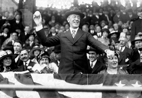 President Woodrow Wilson throwing out the first ball, opening day, 1916; among those present are Edith Bolling Galt Wilson and Mrs. Ida Wilson. Thomas Woodrow Wilson (December 28, 1856 - February 3, 1924) was the 28th President of the United States, from