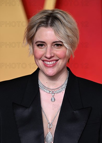 Los Angeles, USA. March 10th, 2024.Greta Gerwig arriving at the Vanity Fair Oscar Party, Wallis Annenberg Center for the Performing Arts. Credit: Doug Peters/EMPICS/Alamy Live News