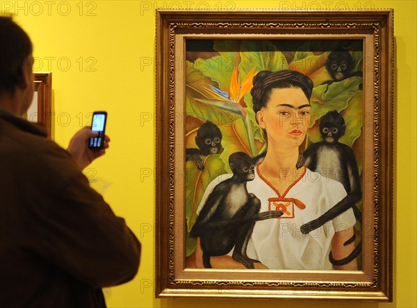 A visitor takes a picture of the painting 'Portrait with Apes' by Frida Kahlo in a retrospective in the Martin-Gropius-Bau in Berlin, Germany, 29 April 2010. The largest exhibition ever about Mexican artist Frida Kahlo can be visited from 30 April to 09 August 2010. Photo: JENS KALAENE