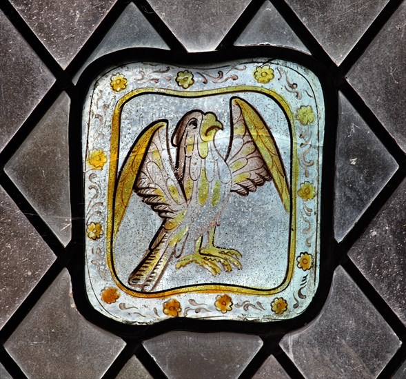 A circa 15th century stained glass panel depicting a falcon, Church of St Lawrence, Barton on the Heath, Warwickshire