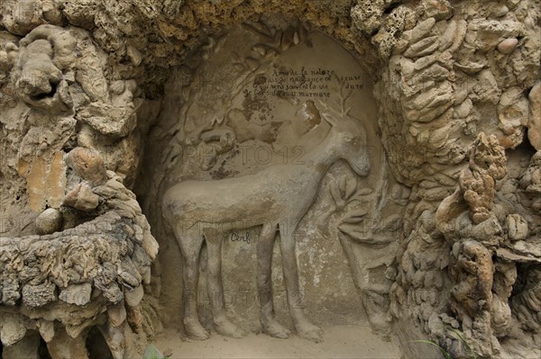 Deer depicted on the north facade of the Ideal Palace (Le Palais idéal) designed by French postman Ferdinand Cheval and build from 1876 to 1912 in Hauterives, France. ATTENTION: This image is a part of a photo essay of 36 photos featuring the Ideal Palace (Le Palais idéal).