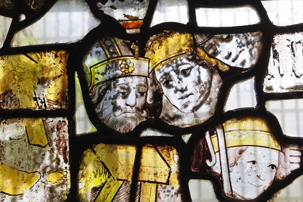 Reset 15th century stained glass, Great Malvern Priory Church, Worcestershire, England