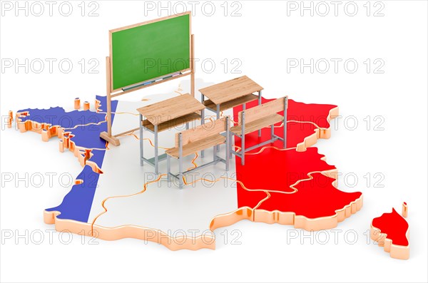 Education in France, concept. School desks and blackboard on France map. 3D rendering isolated on white background