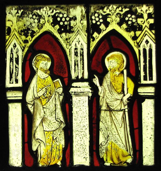 Panel with Two Apostles ca. 1320–35 French. Panel with Two Apostles. French. ca. 1320–35. Pot-metal glass, white glass, and silver stain. Made in Rouen, France. Glass-Stained