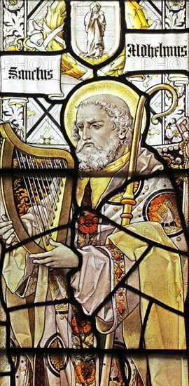 Stained glass window by Percy Bacon & Brothers depicting Saint Aldhelm, St Mary's Church, Tarrant Hinton, Dorset