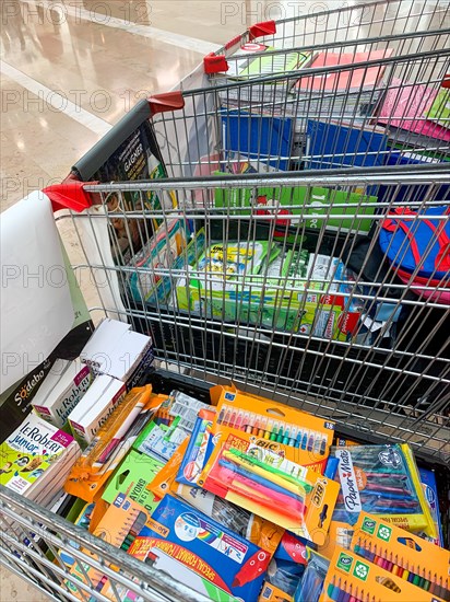 French Secours Populaire NGO collects school equipment ahead of the start of the school year, Bron, France