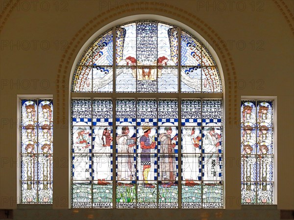 Stained glass window depicting Christian ideas and teachings in the Church of St. Leopold am Steinhof, Vienna