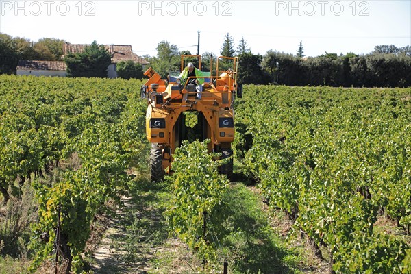 Gregoire Grape harvesting machinery near the Rhône wine village of Séguret in Vaucluse Provence, France