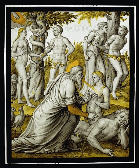 The creation of Eve and the Fall of man, anonymous, c. 1560 - c. 1570 Window, rectangular, with stained show in Sepia and two colors yellow from the creation of Eva and the fall. Gouda glass.. silver stain. lead (metal) Window, rectangular, with stained show in Sepia and two colors yellow from the creation of Eva and the fall. Gouda glass.. silver stain. lead (metal)