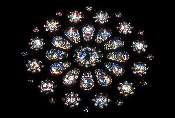 West Rose window, stained glass, Chartres Cathedral, Cathedrale Notre-Dame de Chartres, Chartres, Centre Region, France, Europe