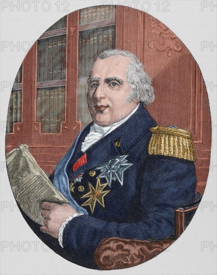 Louis XVIII (1755-1824). King of France from 1814-15 and 1815-24. Brother of Louis XVI. Colored engraving.