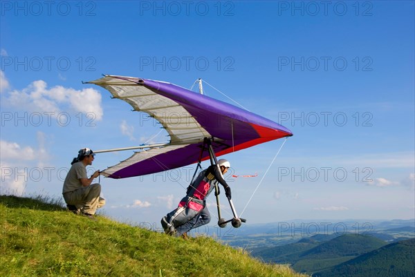 at Puy de Dome  and view onto the volcanic landscape Chaine des Puys', France, Auvergne