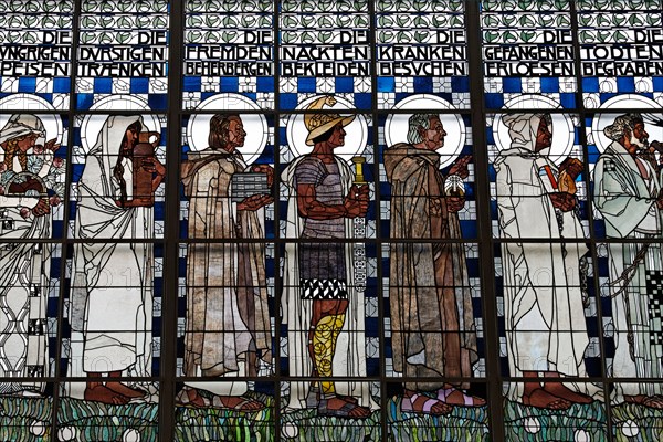 Statues of holy men, Art Nouveau stained glass window by Kolo Moser, Kirche Am Steinhof church, by Otto Wagner