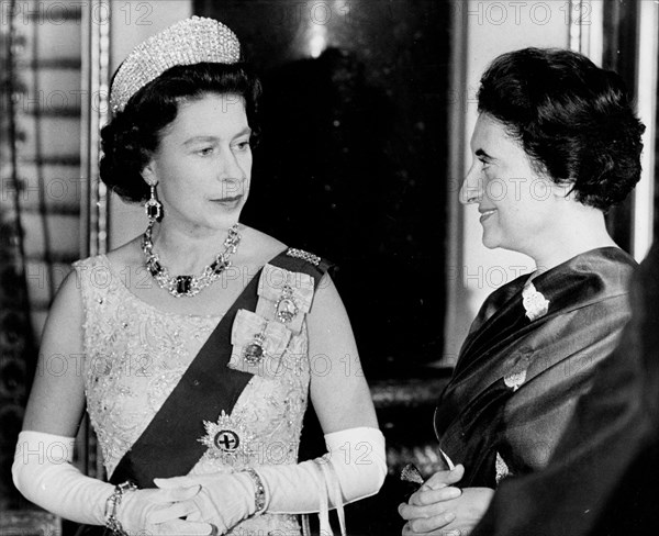 Queen Elizabeth II chats with Prime Minister Indira Gandhi