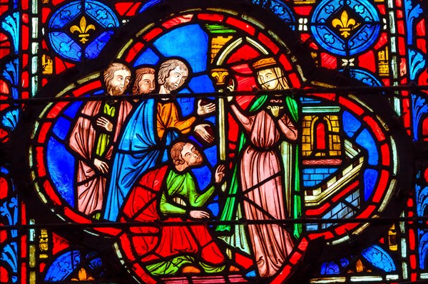 Queen With Followers Medieval Life Stained Glass Saint Chapelle Paris France.  Saint King Louis 9th created in 1248