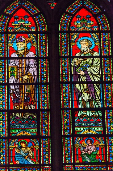 Saints Augustus Bishop Angels Stained Glass Notre Dame Cathedral Paris France.  Notre Dame was built between 1163 and 1250 AD.