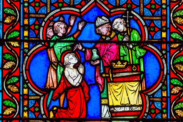 Bishop Blessing King Paris Stained Glass Notre Dame Cathedral Paris France.  Notre Dame was built between 1163 and 1250 AD.