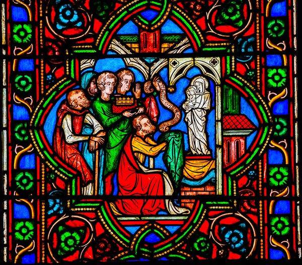 Worshiping Virgin Mary Jesus Christ Stained Glass Notre Dame Cathedral Paris France.  Notre Dame was built between 1163 and 1250