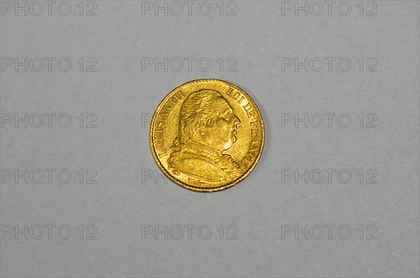 Early 19th century French 20 Francs gold coin. Obverse side featuring the profile of King Louis XVIII.