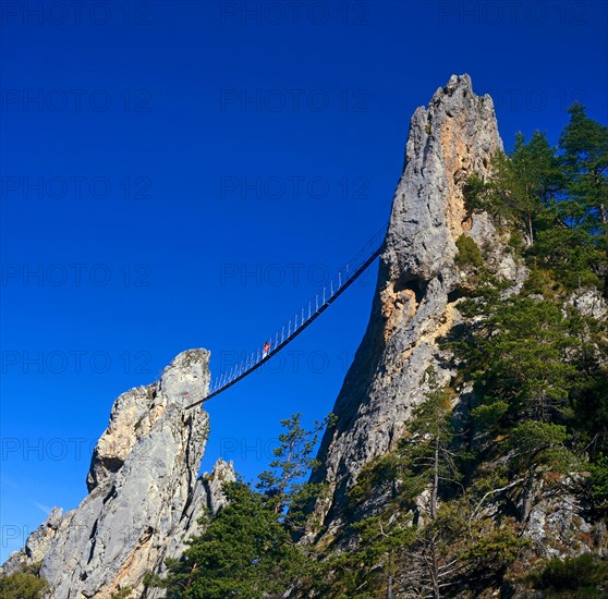 rock formation with suspension bridge, Via Ferrata of Baus de la Frema, France, Alpes-Maritimes, Mercantour National Park, Saint-Martin-VÚsubie