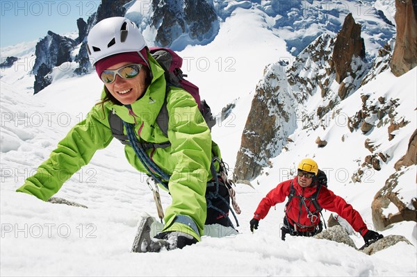 Two people mountain climbing, Chamonix, France