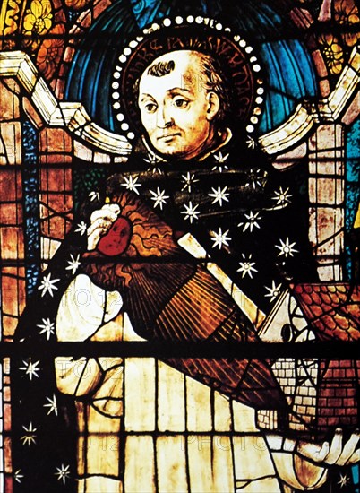 Saint Thomas Aquinas shown in a stained glass window (Cappella Strozzi di Mantova. La cappella Strozzi di Mantova. Mid 14th century; Italian church. Saint Thomas Aquinas (1225 – 1274), was an Italian, Dominican friar, Catholic priest, and Doctor of the Church. He was an immensely influential philosopher, theologian, and jurist in the tradition of scholasticism