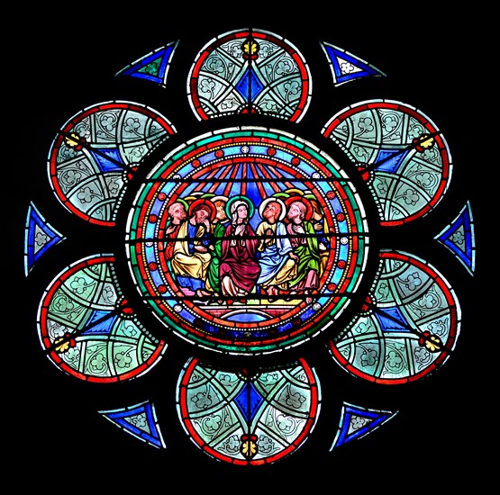 Paris, France. Notre Dame cathedral / Notre-Dame de Paris on Isle de la Cite. Stained glass window