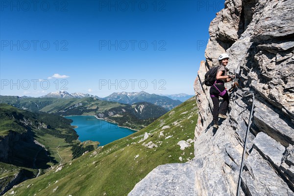 On Via Ferrata Le Roc du Vent near Lac de Roselend, France, Europe, EU