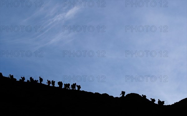 Alpinists during the ascent of Mont Blanc along the regular route via Gouter Refuge.   France.