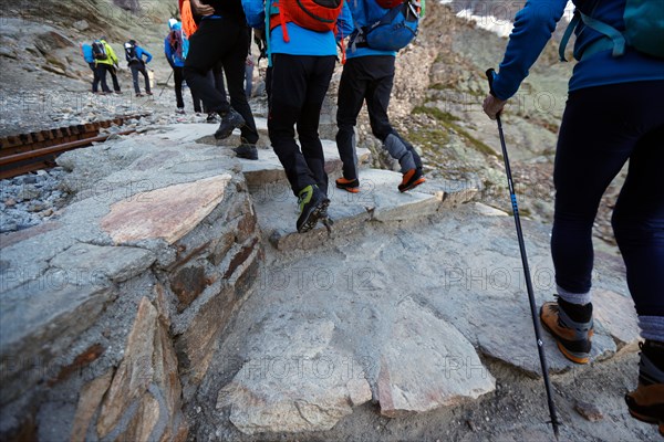 Alpinists during the ascent of Mont Blanc along the regular route via Gouter Refuge.   France.