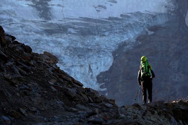 Mountain hiker during the ascent of Mont Blanc along the regular route via Gouter Refuge. Frenh Alps.   France.