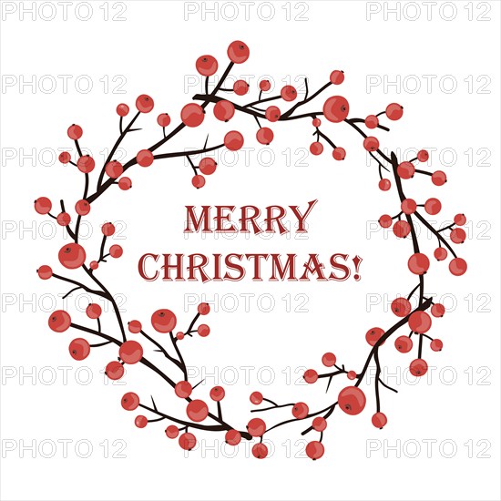 Round Christmas Vector Wreath with holly branches isolated on white. For festive design, announcements, postcards, invitations, posters.