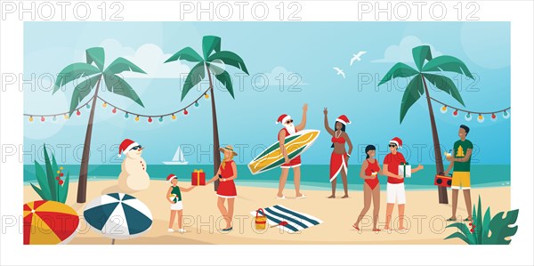 People celebrating Christmas on summer in the southern emisphere, they are partying on the beach and exchanging gifts