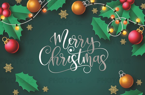 Merry christmas vector background design. Merry christmas greeting text in green background with xmas elements like xmas light, balls and snowflakes