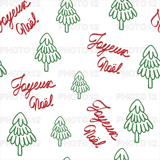 Christmas tree and Merry Christmas in French simple vector seamless pattern in cute cartoon style, decorative forest fir-tree for textile, gift paper, family gatherings winter holidays design