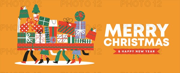 Christmas illustration of funny man and woman carrying big gift box pile. Fun carton concept for winter xmas holiday or sale event on isolated backgro