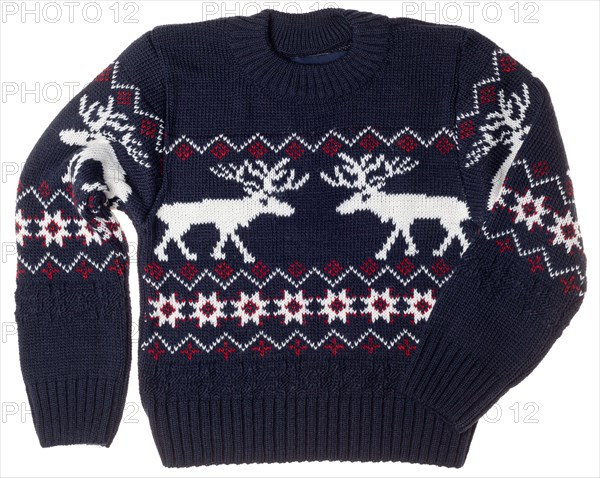 Children's warm Nordic style wool crewneck jumper aka Ugly Christmas sweater with deer ornament isolated on white background