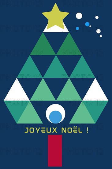 Merry Christmas artistic illustration with tree and French greetings: Joyeux Nöel!