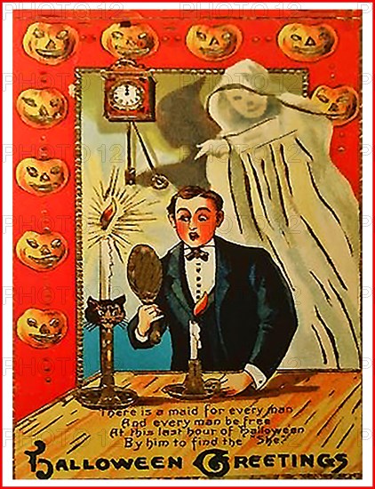 An old Halloween greetings card featuring a  ghost and a magic mirror which was supposed to reveal the face of the person someone would marry, if looked at during the final hour of Halloween