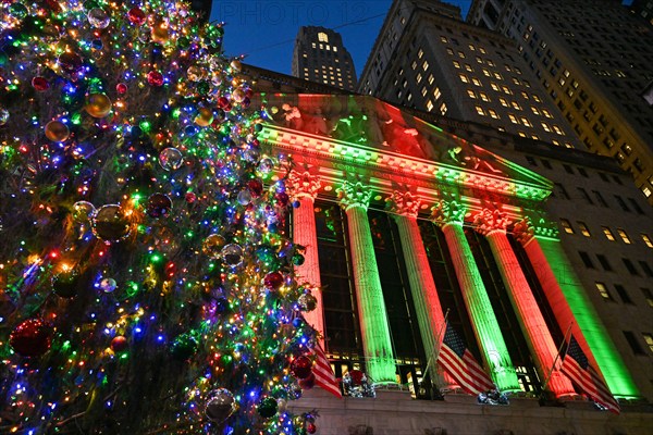 The New York Stock Exchange building decorated for Christmas at the Financial District on December 2, 2022 in New York.