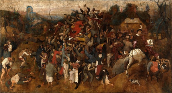 The Wine Of Saint Martins Day painted by the Dutch Renaissance painter Pieter Breughel the Elder in 1565. Breughel was the most important painter of the Dutch and Flemish Renaissance. His choice of subjects was influential, eschewing portraits and religious scenes in favour of local and peasant scenes.