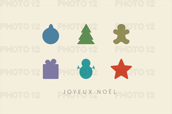 Greeting card with Merry Christmas lettering  in French (Joyeux Noël) and christmas decorations